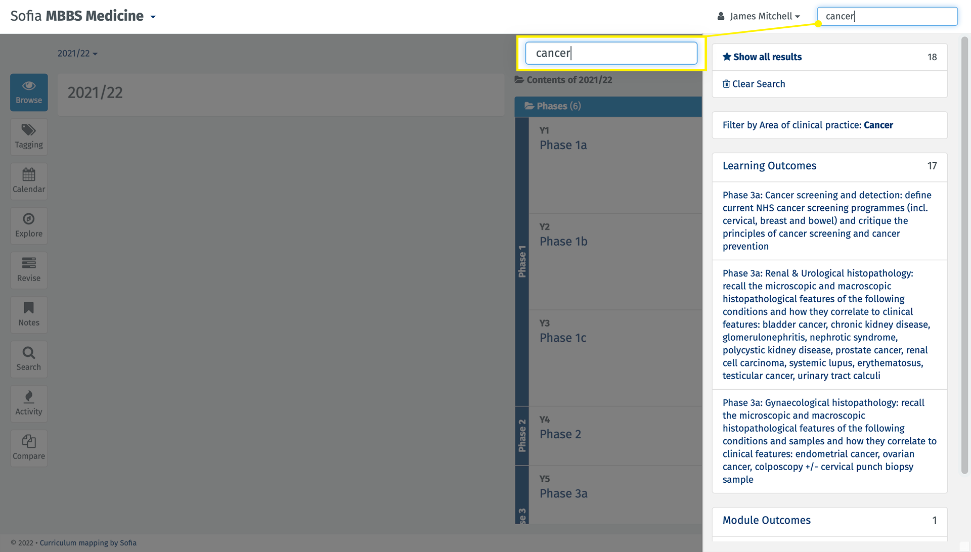 An image showing the Sofia interface on the Revise tab. The 'History & examination' section has been opened, and all the nodes beneath are shown. On the left, all the learning outcomes for History & examination are shown.
