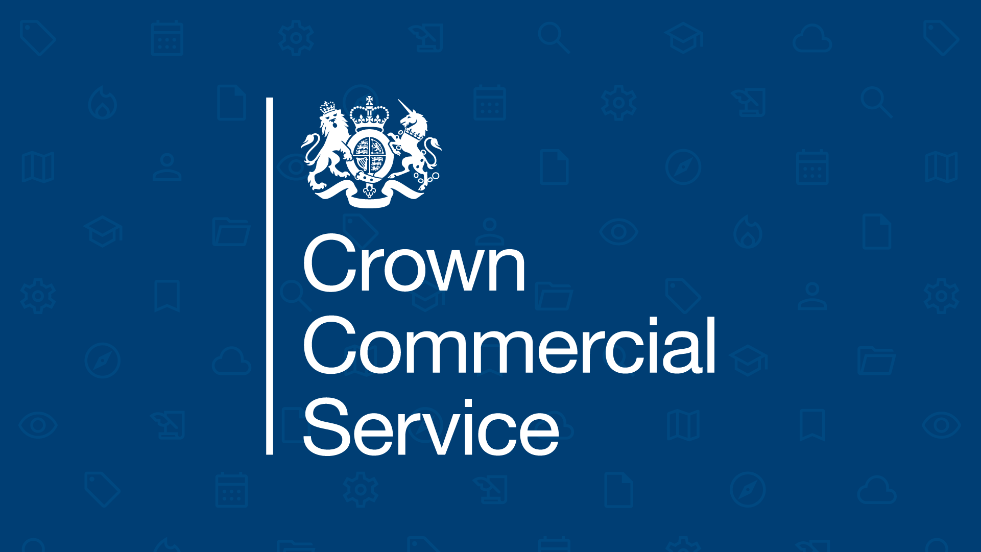 The Crown Commerial Service logo on a blue background that is adorned with icons related to the Sofia application.